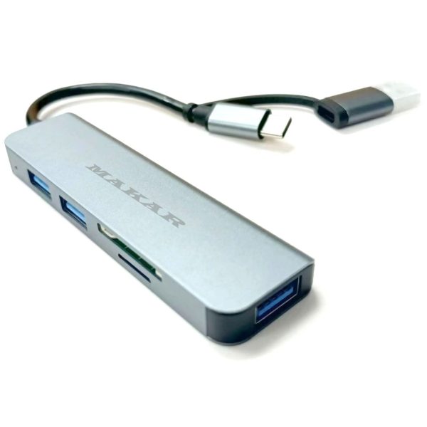 هاب و رم ریدر دو سر USB و Type-c ماکار مدل 5in1 MK-HU235 دارای 5 پورت USB 2.0 و USB 3.0 و کارت خوان های SD و TF با قابلیت تبدیل به ایستگاه شارژ