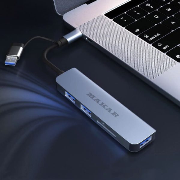 هاب و رم ریدر دو سر USB و Type-c ماکار مدل 5in1 MK-HU235 دارای 5 پورت USB 2.0 و USB 3.0 و کارت خوان های SD و TF با قابلیت تبدیل به ایستگاه شارژ