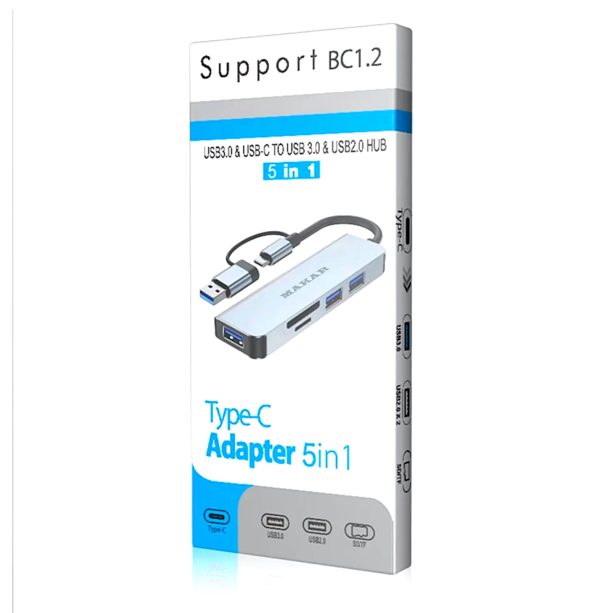 هاب و رم ریدر دو سر USB و Type-c ماکار مدل 5in1 MK-HU235 دارای 5 پورت USB 2.0 و USB 3.0 و کارت خوان های SD و TF با قابلیت تبدیل به ایستگاه شارژ